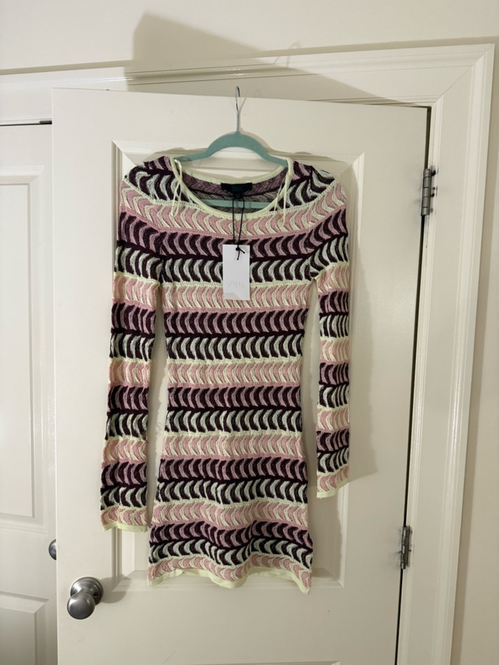 Zara Long-Sleeve Striped Wave Knit Dress - Pink, Black & Cream